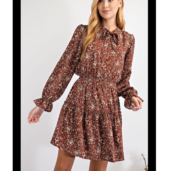 Gorgeous Boho Feminine Rust Floral Long Sleeves Flowy Dress - Picture 2 of 10